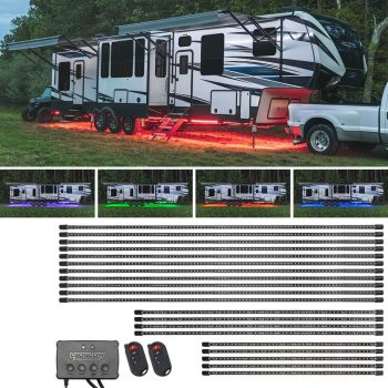 LEDGlow 20pc Million Color Slimline RV Camper LED Underglow Accent Lighting Kit for 45ft+ Recreational Vehicles – 10 Solid Colors – 13 Unique Patterns – Music Mode – Includes Control Box & Remotes
